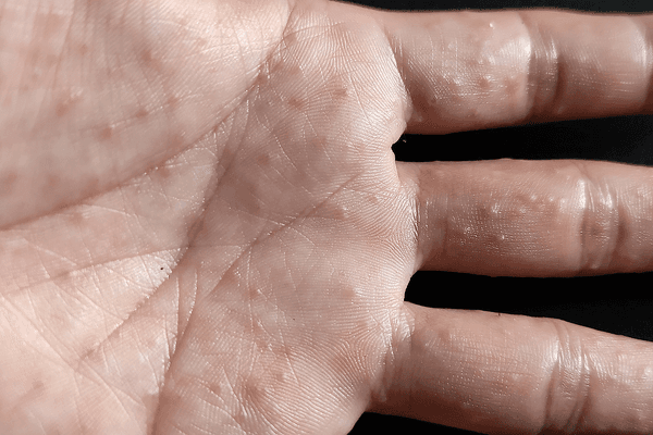 Dyshidrotic eczema on the hand Palm and fingers with small vesicles and peeling, typical of dyshidrotic eczema.